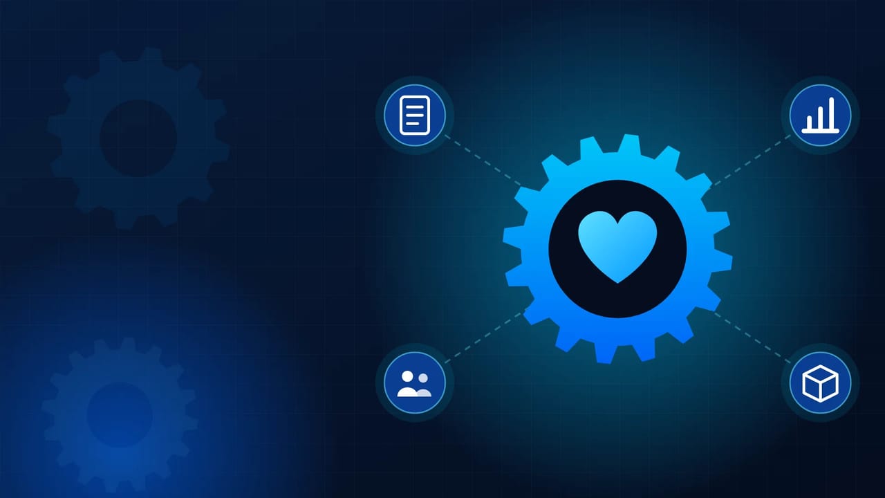 Ilustração: uma engrenagem com um coração no centro, ligada a documentos, gráficos, pessoas e estoque