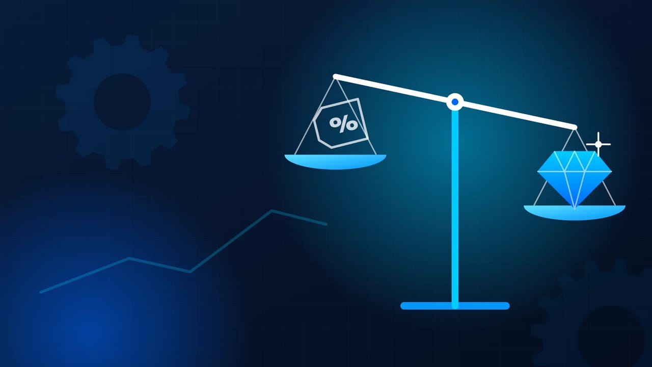 Ilustração: uma balança que pende para o lado de um diamante, mais pesado que a etiqueta de desconto