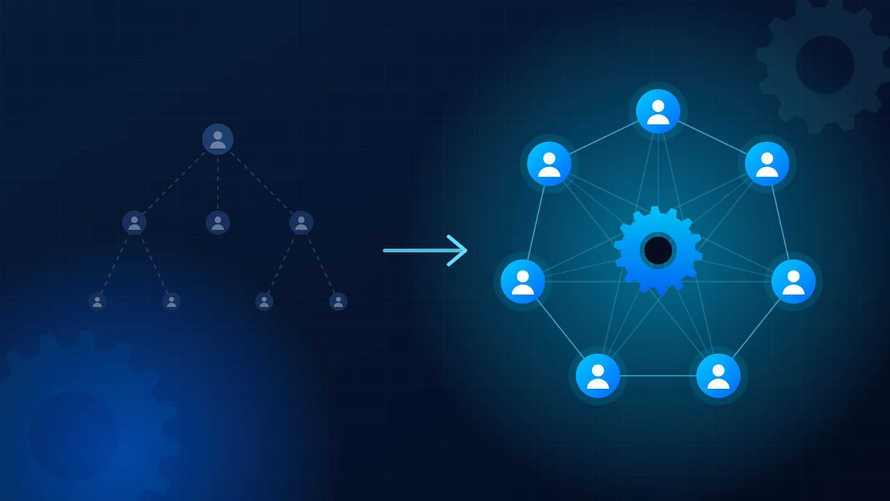 Ilustração: uma hierarquia apagada se transforma numa rede de pessoas conectadas em volta de uma engrenagem