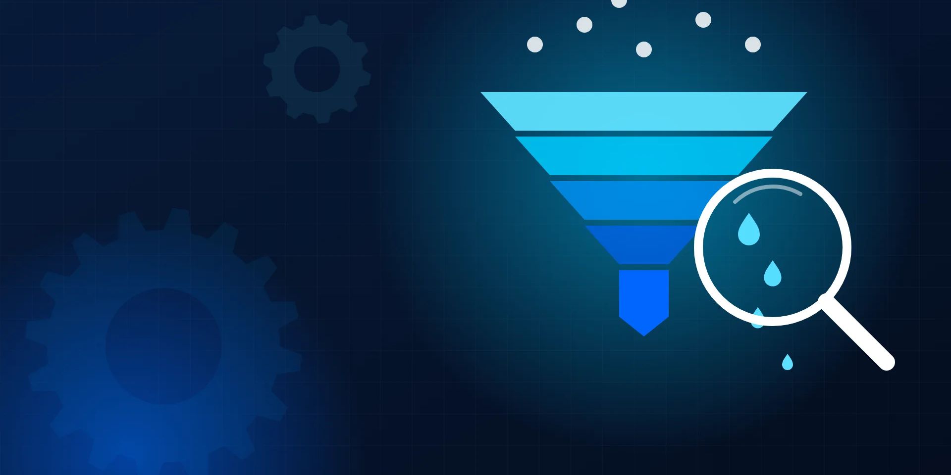 Ilustração: um funil de vendas com gotas escapando pela lateral, observado por uma lupa